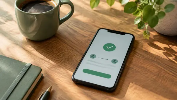Smartphone auf einem Holztisch zeigt eine abgeschlossene Überweisung