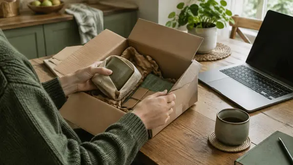 Geöffnetes Paket auf einem Küchentisch neben einem Notebook