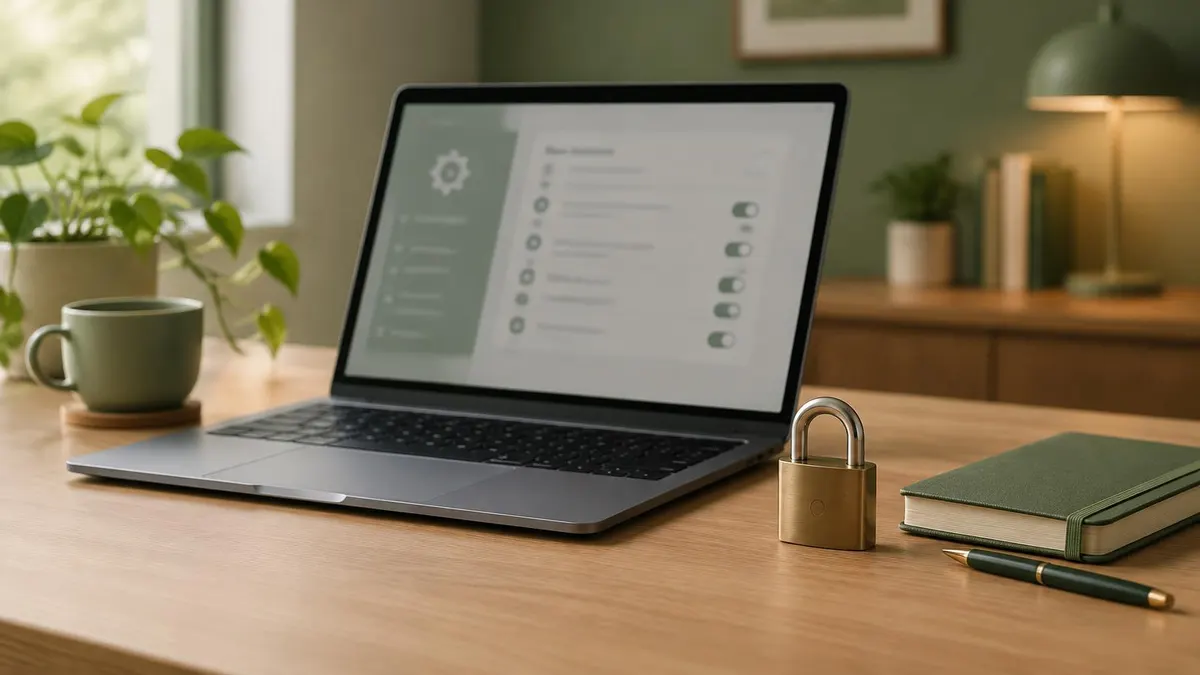 Notebook mit geöffneter Einstellungsseite und Vorhängeschloss auf einem Schreibtisch