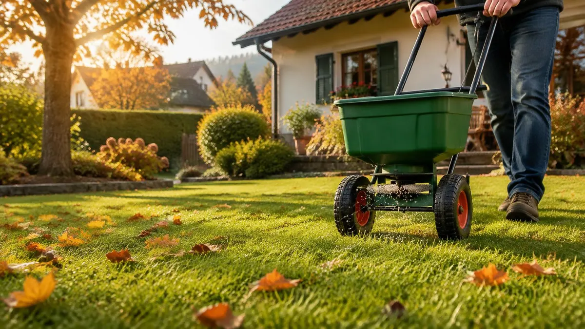 Streuwagen auf einer herbstlichen Rasenfläche mit Laub vor einem Wohnhaus